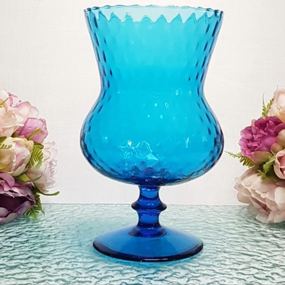 Vintage Empoli Blue Glass Flower Vase MCM Italian Blown Art Original Sticker